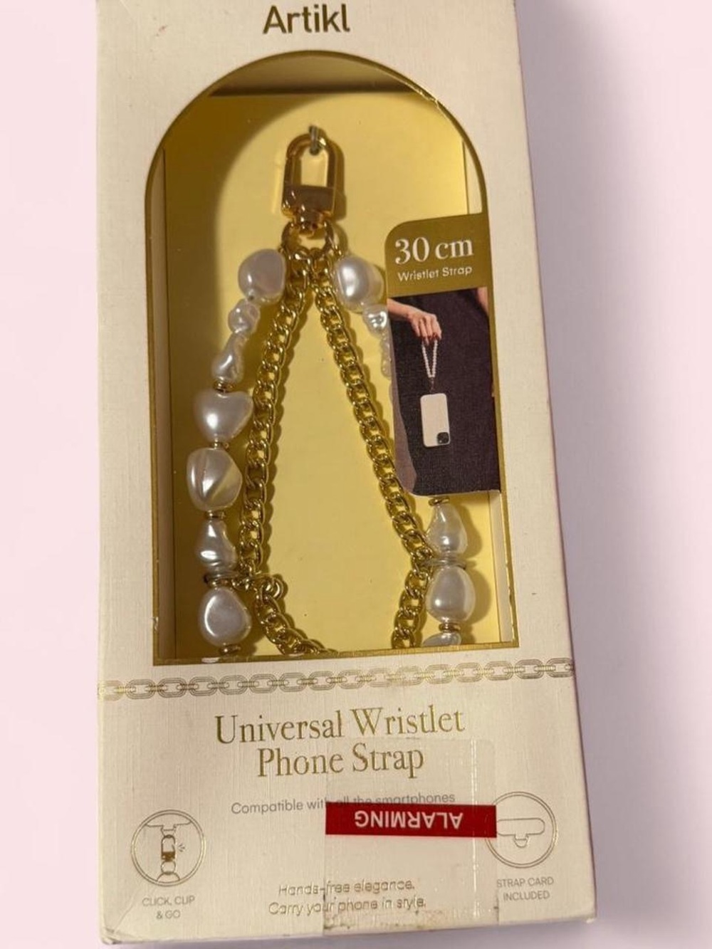 Universal Wristlet Phone Strap - Gold Chain with Pearl Accents